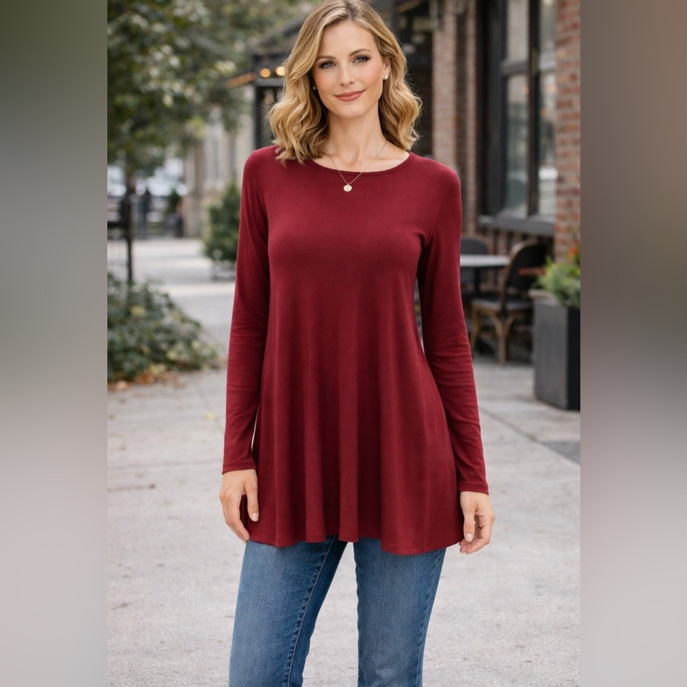 Eileen Fisher Top Dark Red XS Extra Small Long Sleeve Stretch Fall Winter